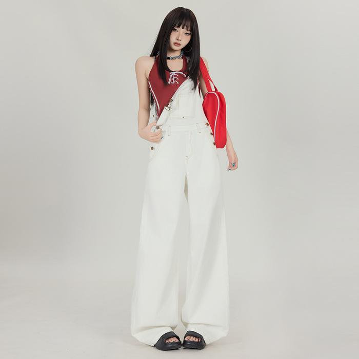 

Women s 2025 Summer Retro White Denim Overalls – Versatile, Loose, and Slimming Long Pants Small