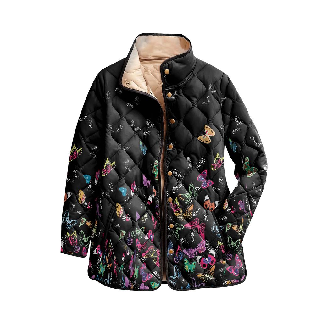 Women's Floral Print Stand Up Collar Pleated Cotton Long Sleeved Button Cotton Jacket