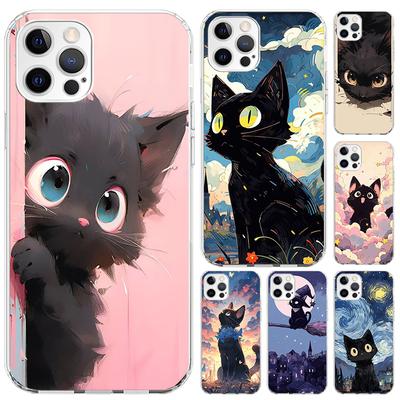 Anime Cute Black Cat Meow Phone Case for Iphone 17 Air 16 15 Plus 14 13 Mini 12 11 Pro Max 16E 7 8 SE 2020 Soft Funda Print Shel