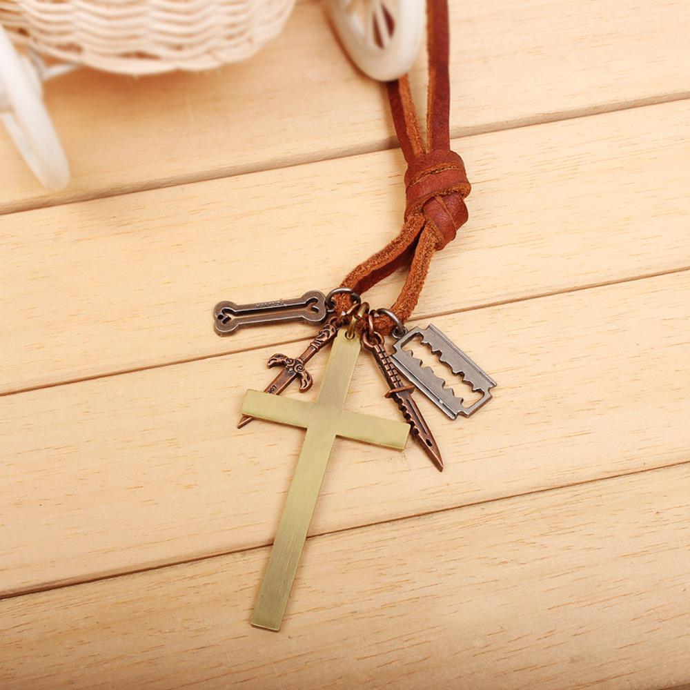 JMXD-Cowhide Jewelry, Antique Cross Combination Leather Rope Pendant, Necklace