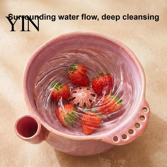 Keramische Voedselbereidingskom Bessen Wassen met Afneembare Sappers Trechter & Afdruiprek, Zelf Afspoelende Fruit Multi-functionele Keuken Gadget Mand
