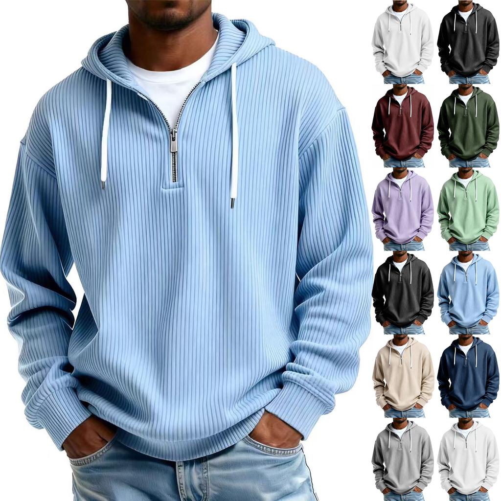Sudadera con capucha de manga larga con cremallera para hombre, color sólido casual, camiseta de manga larga casual con cremallera para el día a día