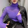 Women's Pile Collar Lace Blouse Solid Color Shirt  Long Sleeves and Mesh Pullover Top