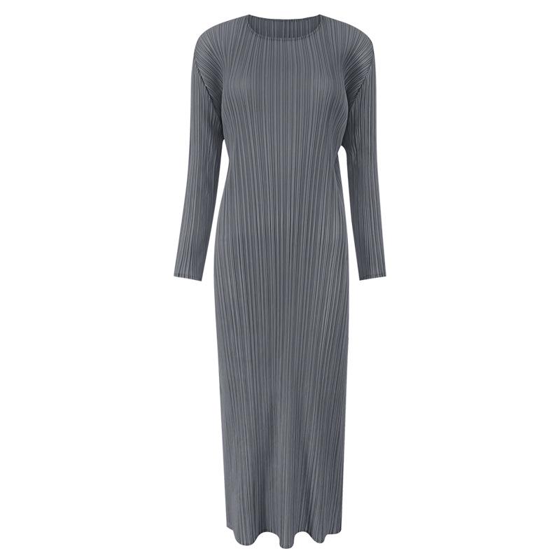 Miyake Dámské klasické šaty s dlouhým rukávem, slim fit, s rozparkem – středně dlouhé, jednobarevné, na jaro a podzim.