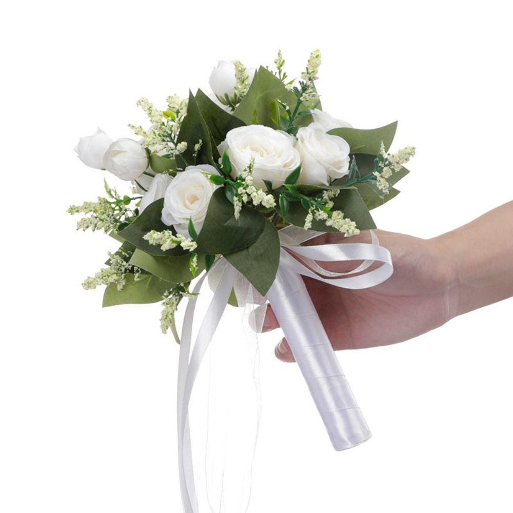 With Silk Ribbon Bridal Holding Flowers Creative Wedding Rose Bouquet Ceremony