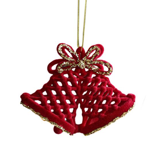 Christmas Ornaments Red Flocking Bell Wreath Snowfall Elk Pendant Snowy Winter Decor for Tree Hanging
