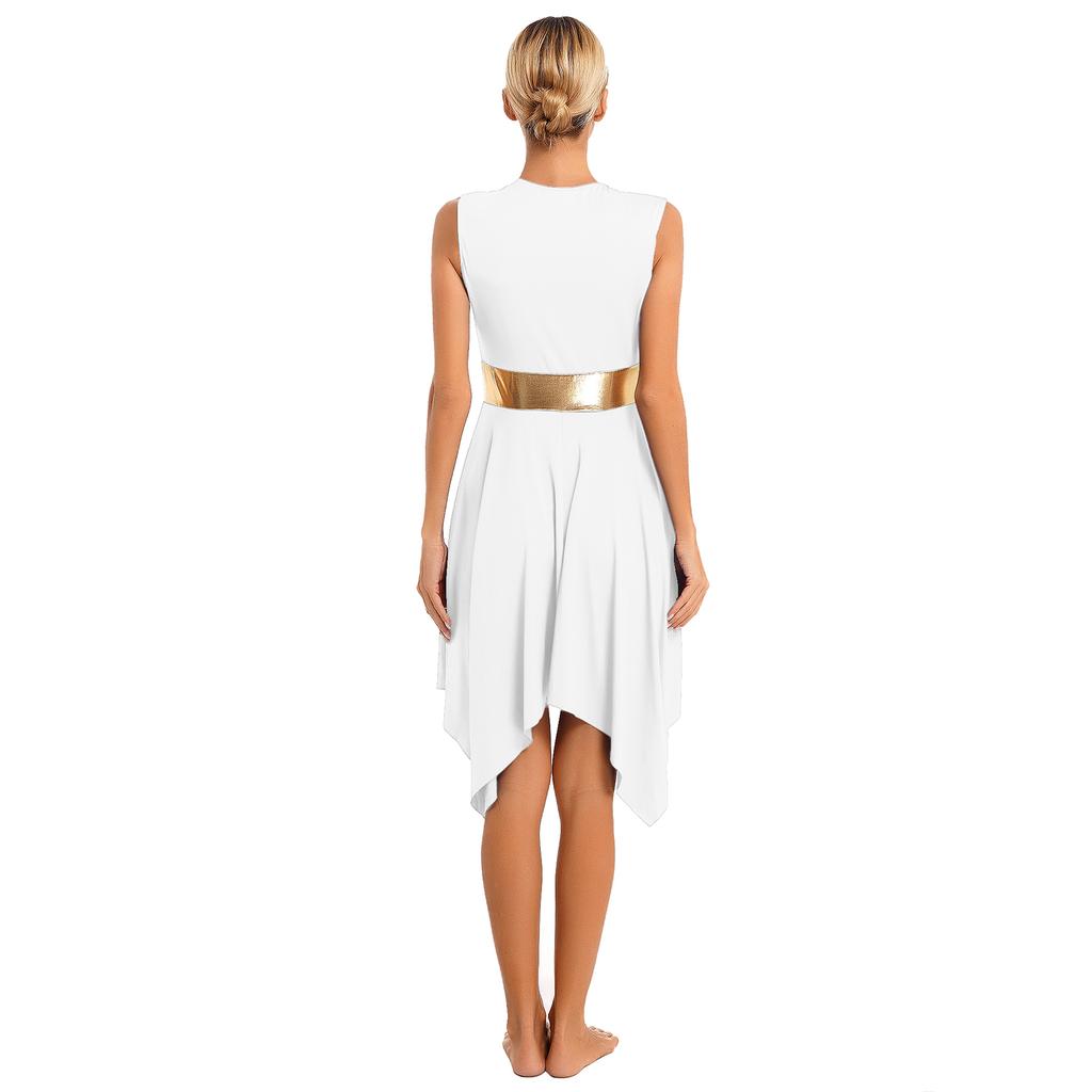 Womens Party Dance Dress V Neck Sleeveless Color Block Patchwork Irregular Hem Performance Outfit