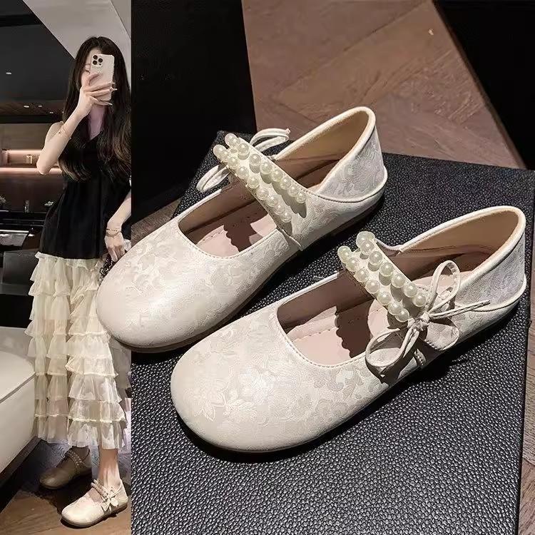 French pearl bow Mary Jane shoes women's 2025 new versatile skirt single shoes gentle wind ballet shoes