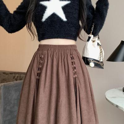 Designer Nischen Kord Midirock für Damen - Frühling/Herbst High-Waist Drapierter Brauner A-Linien Voll Ausgestellter Rock