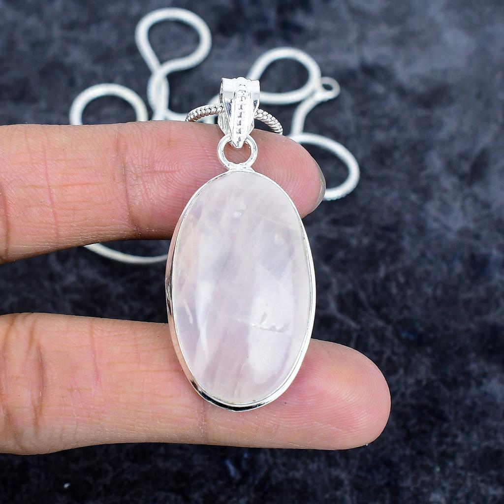 Rose Quartz Gemstone Handmade 925 Sterling Silver Jewelry Pendant 2.01" M-2965