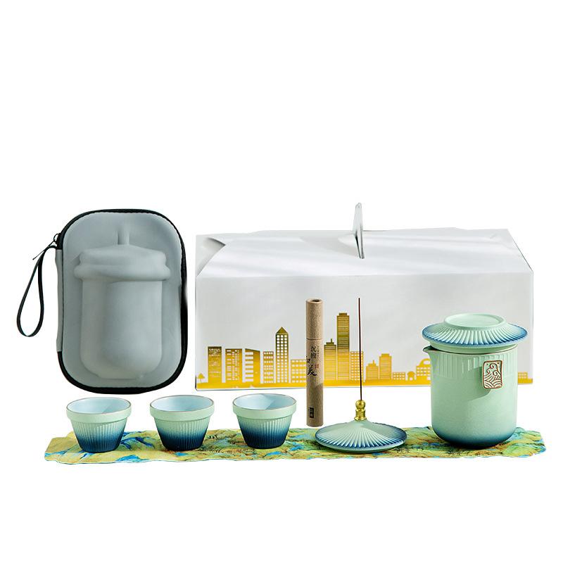 Court style coarse pottery gradual change glaze travel tea set small set one pot three cups portable company creative souvenir