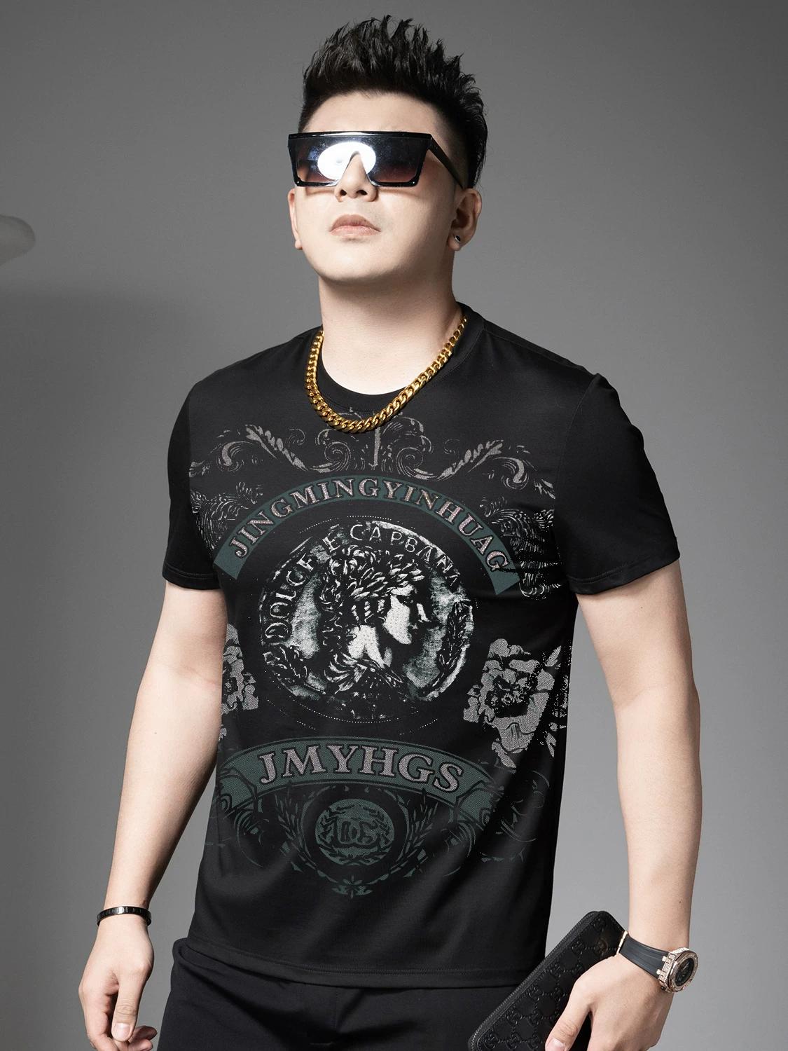 

European Style Heavy-Duty Printed Rhinestone Short-Sleeve T-Shirt for Men 2025 New Summer Trendy Half-Sleeve Men s Top 3XL чёрный
