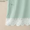 ZANZEA Women Summer Stand Collar Short Sleeve Lace Splice Casual Blouse