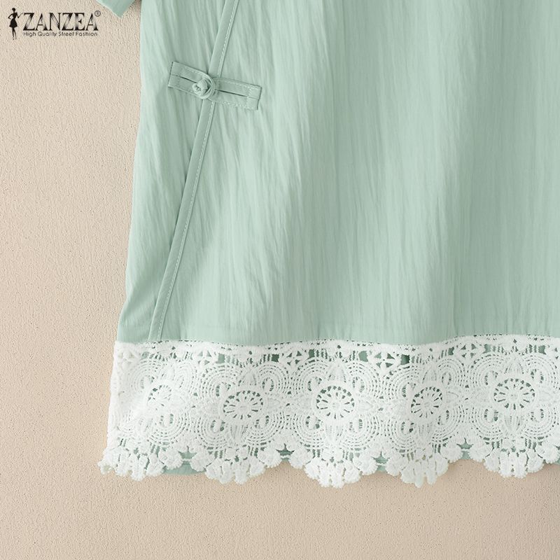 ZANZEA Women Summer Stand Collar Short Sleeve Lace Splice Casual Blouse
