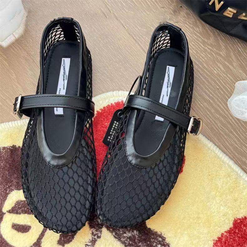 Round Head Mesh One-word Buckle with Mary Jane Fishing Net New Ins Flat Bottom Hollow Ballet Shoes