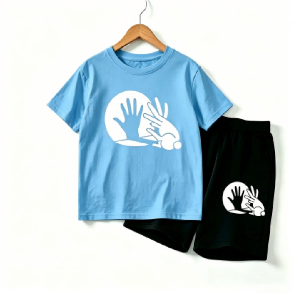 Rabbit Shadow Print Outdoor Street Kids T-shirt and Shorts Summer Home Casual Outfit Boy and Girl's Sports Set