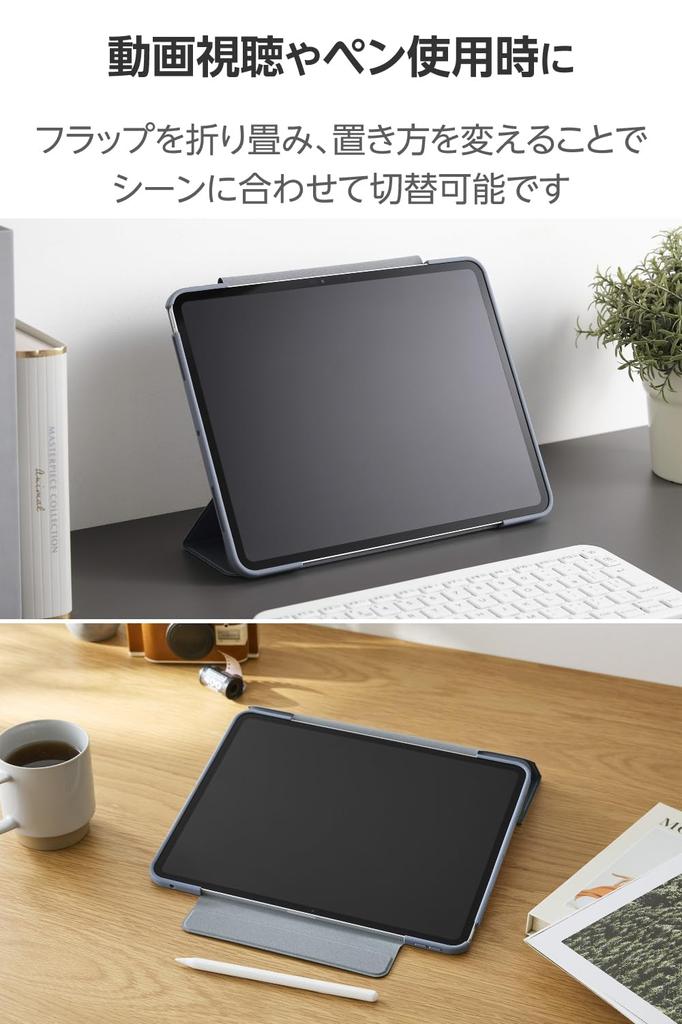 ELECOM iPad Pro Flap TPU Clear 13-inch (M4) Case, Case, Shock-Resistant Material, Thin, Lightweight, Back, Blue-Gray Frame, TB-A25PLWVFCBG