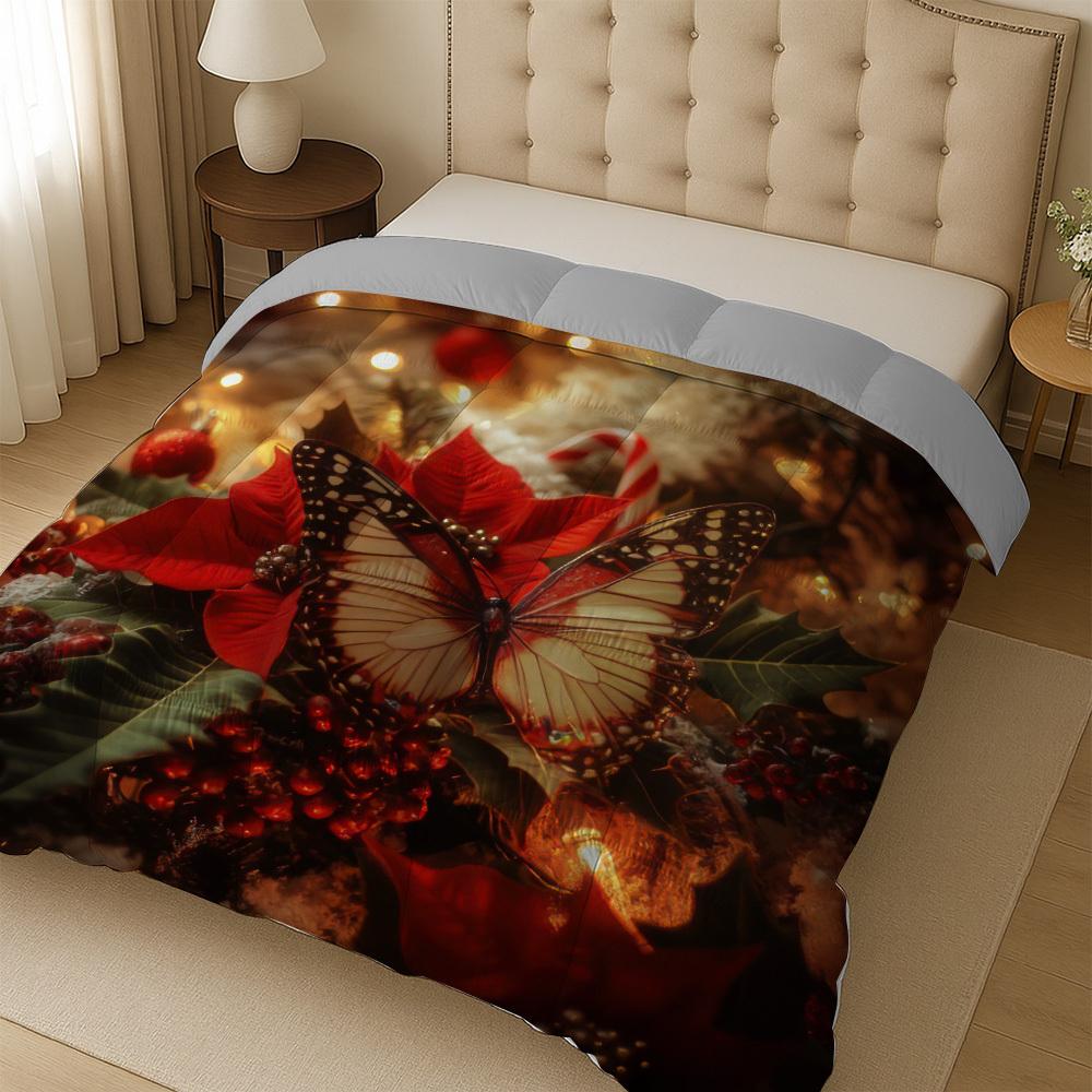 

1pc Latacaca Festive Poinsettia Butterfly Quilt Bed Cover Set - Charming Christmas-Themed Bedding with Red & White Poinsettia EU Twin(135x200cm)