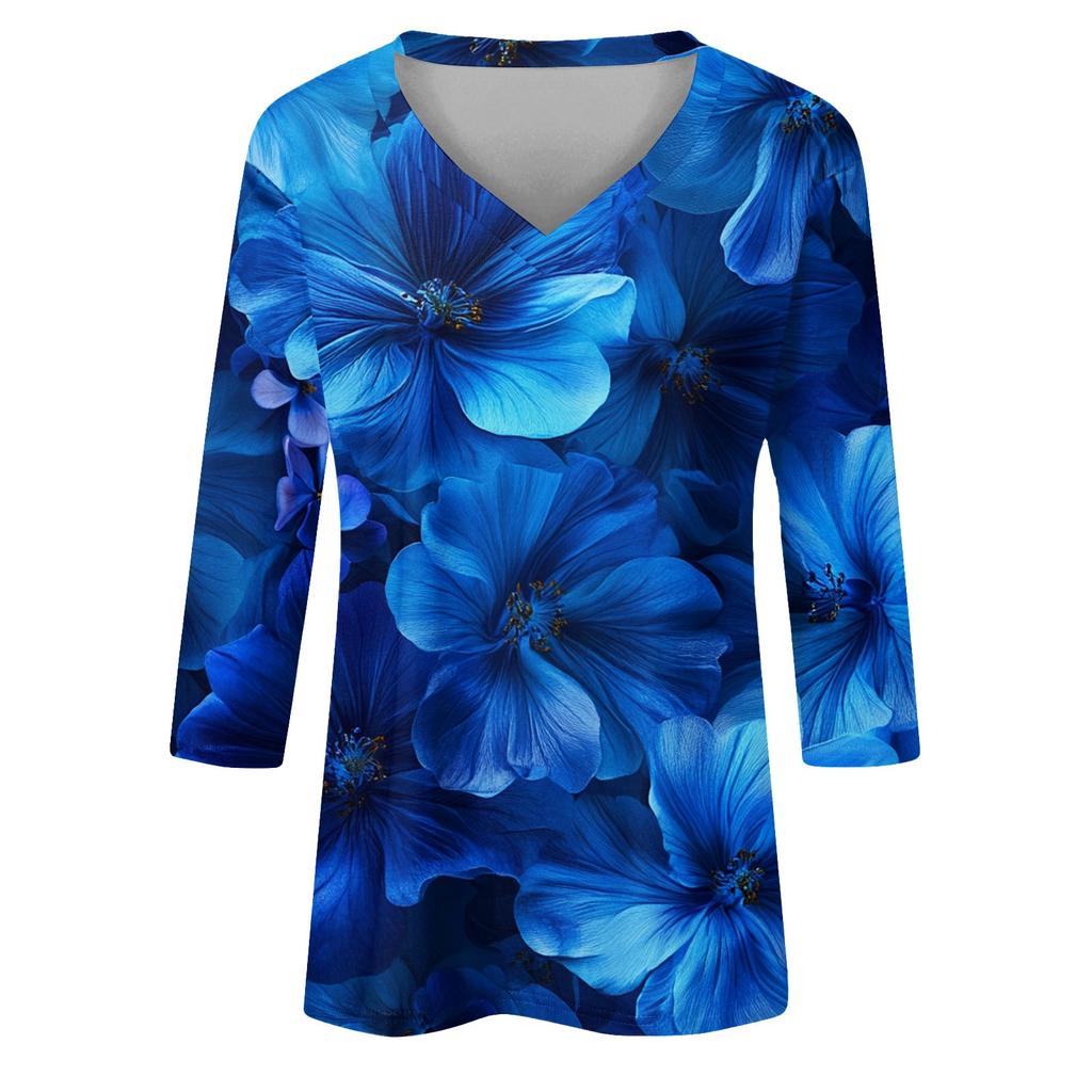 Damen Tops Dreiviertelärmel Shirt V-Ausschnitt Lockeres Freizeithemd Blumendruck T-Shirt