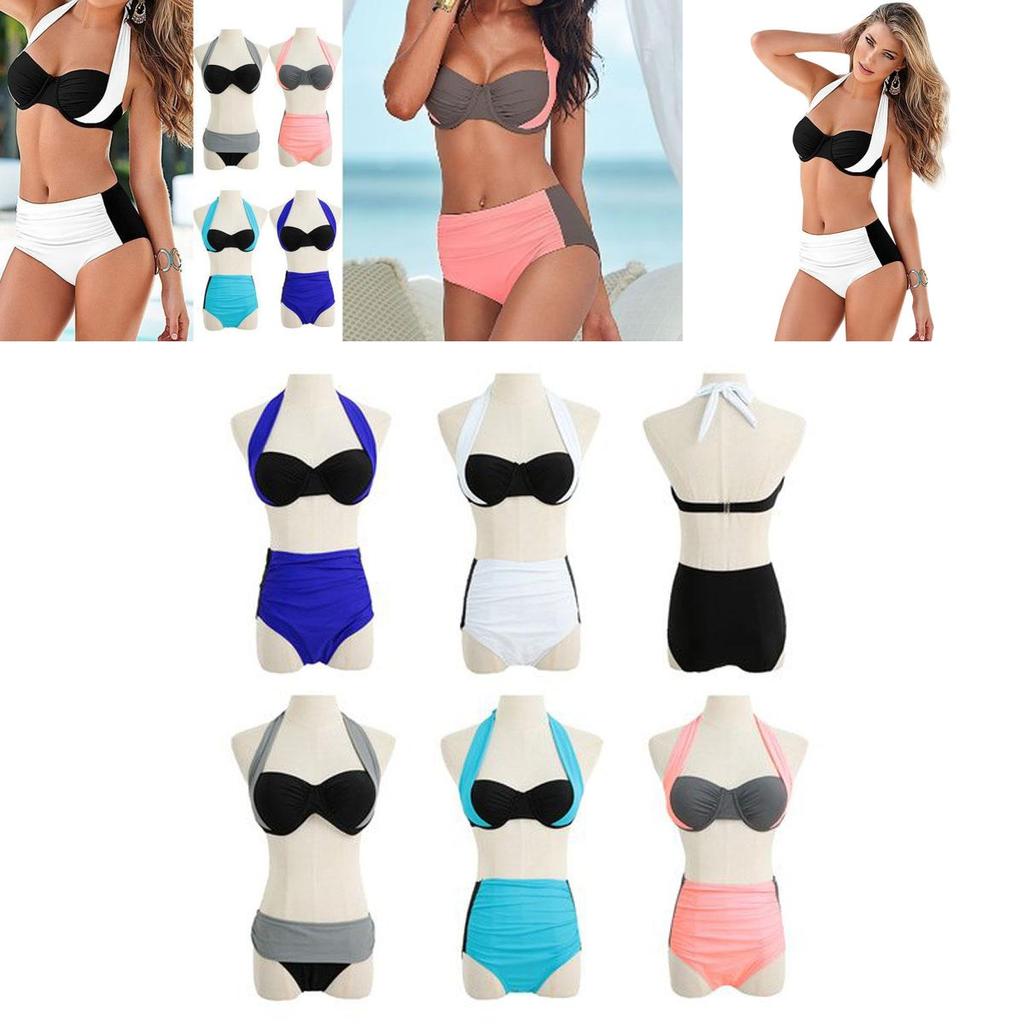 Set Women Bikini Contrast Block Halter Top High Waist Bottom Swimwear Beach