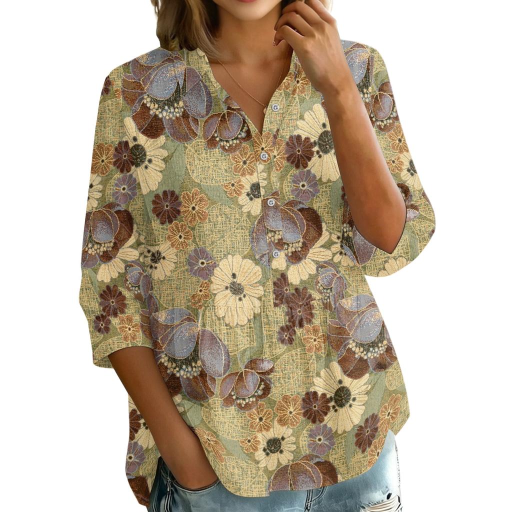 Women's Vintage Floral Print Button Down Blouse, 3/4 Sleeve Relaxed Fit Shirt