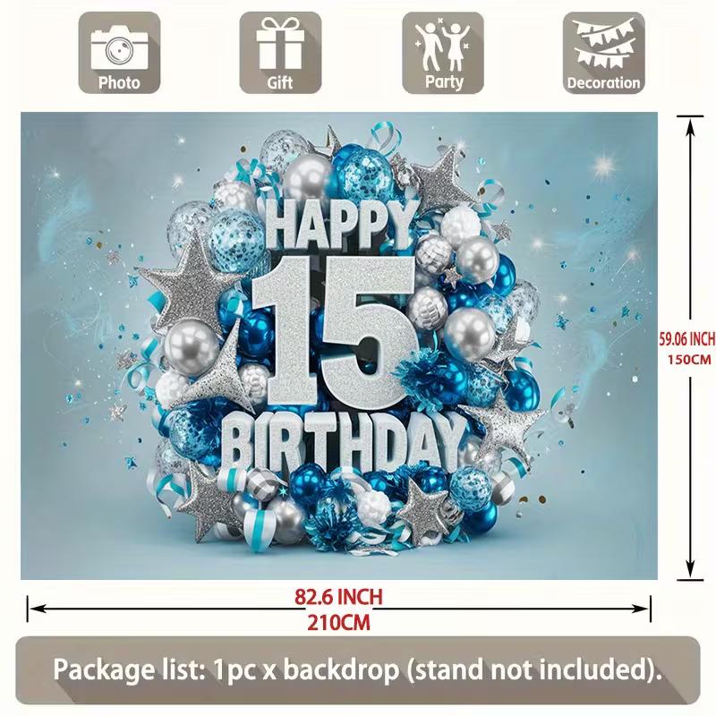 Blue Silver Themed 15th Birthday Backdrop with Balloons, Streamers and Sparkles 47.2x31.5inch/120*80cm