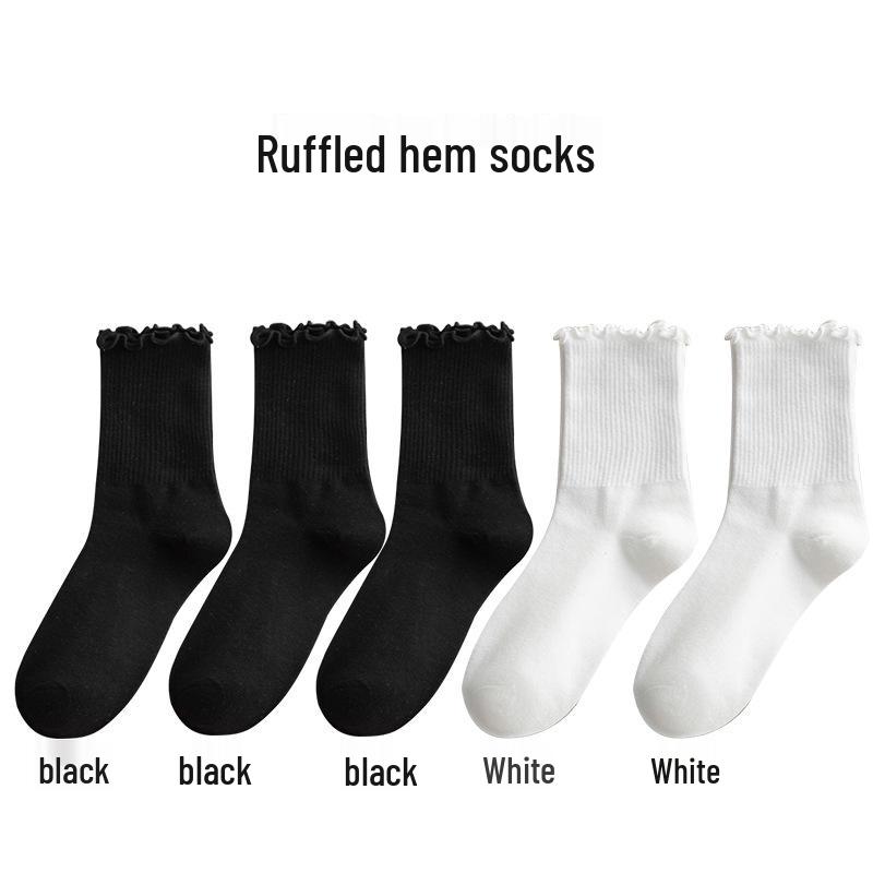 Women's Mid-Calf Ruffle Lace Socks, Coffee Color, Japanese/Korean Style, Cute Solid Color, Versatile and Girly for Spring/Fall.