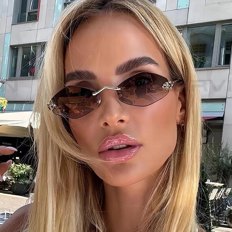 High Quality Trendy Rimless Polygonal Sunglasses Stylish Gradient Lens Metal Shades Eyewear Luxury Rhombus Vintage Sun Glasses