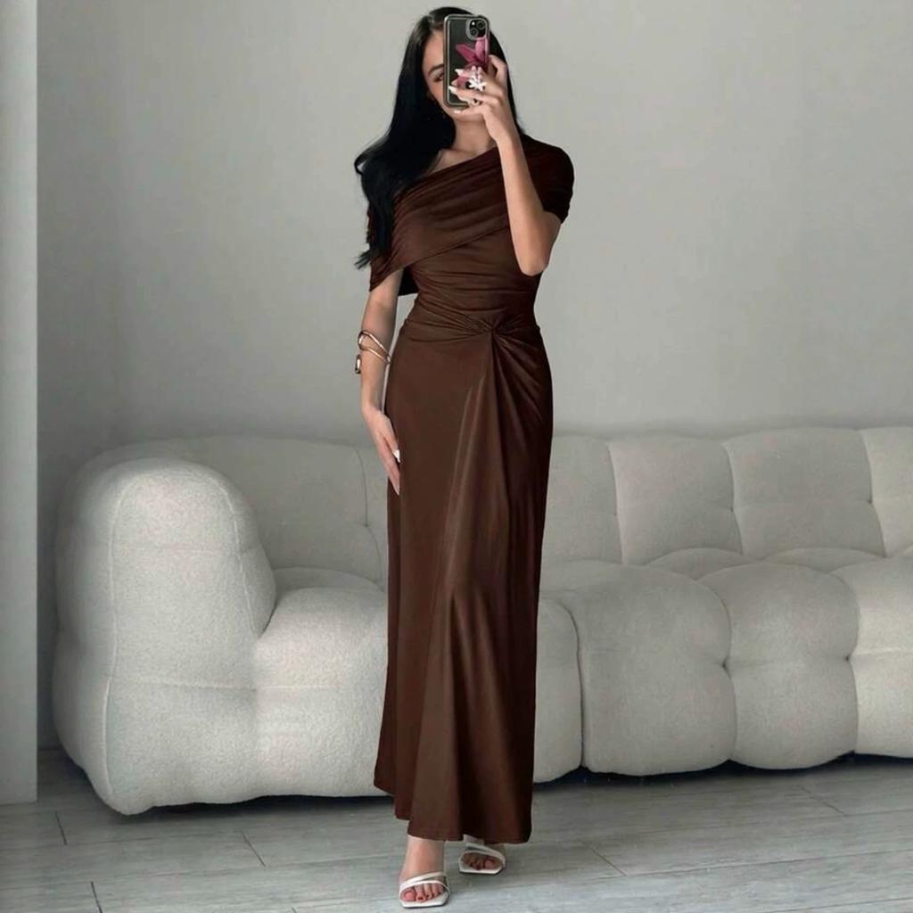 European and American Women's Clothing Spring and Summer New Diagonal Collar Short-sleeved Dress Shrink Pleated Hip-wrapped Temperament Long Dress