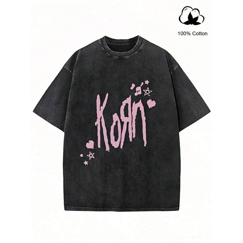 Washed Retro Cotton 230Gkorn Band Logo Graphic Washed T-Shirt Crew Nec 2XL чёрный