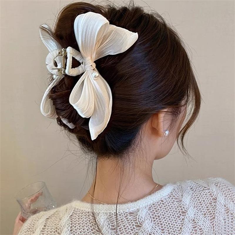 Korean Girls Bow Hair Crab Clips for Women Elegant Hair Bows Claws Ponytail Lady Hair Accessories Pearl Headdress