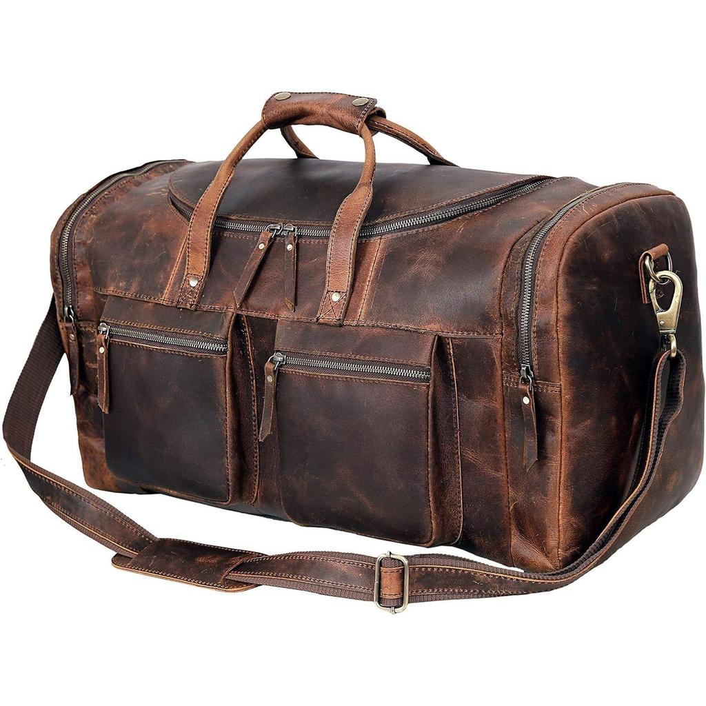 24" Reisetasche im klassischen Vintage-Stil mit modernem Retro-Look, dickes vollnarbiges Rindsleder, handgefertigtes Leder, fürs Fitnessstudio, Weekender, Reisegepäck