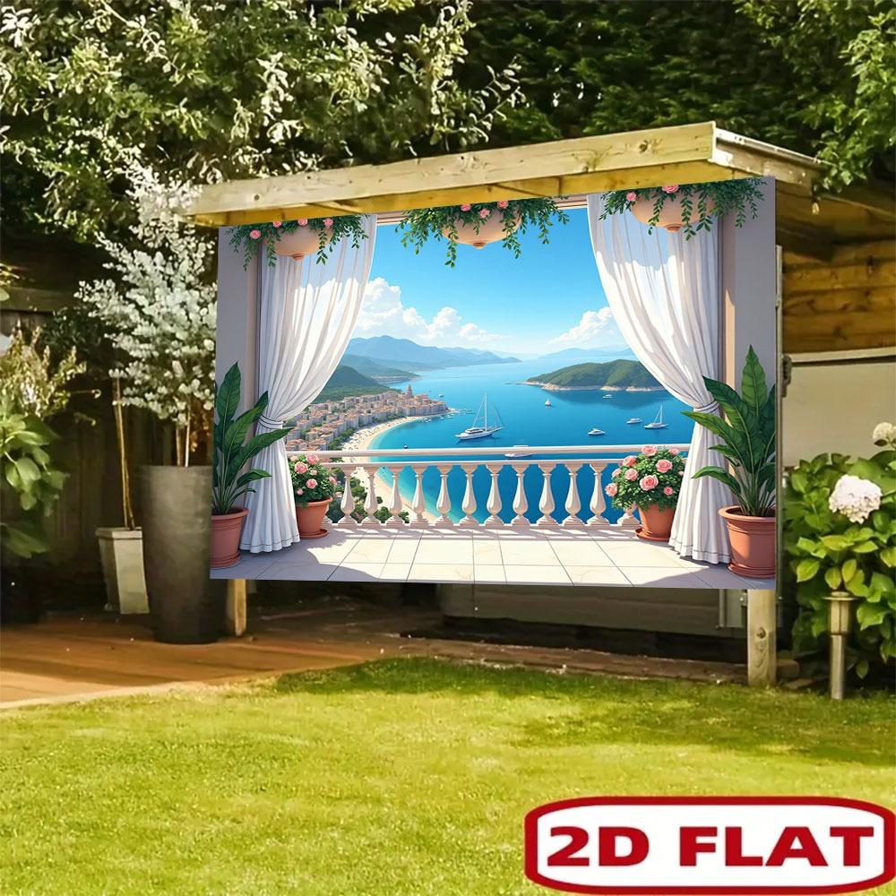 2D flat banner 1 large Mediterranean coast landscape balcony mural banner suitable for indoor/outdoor parties