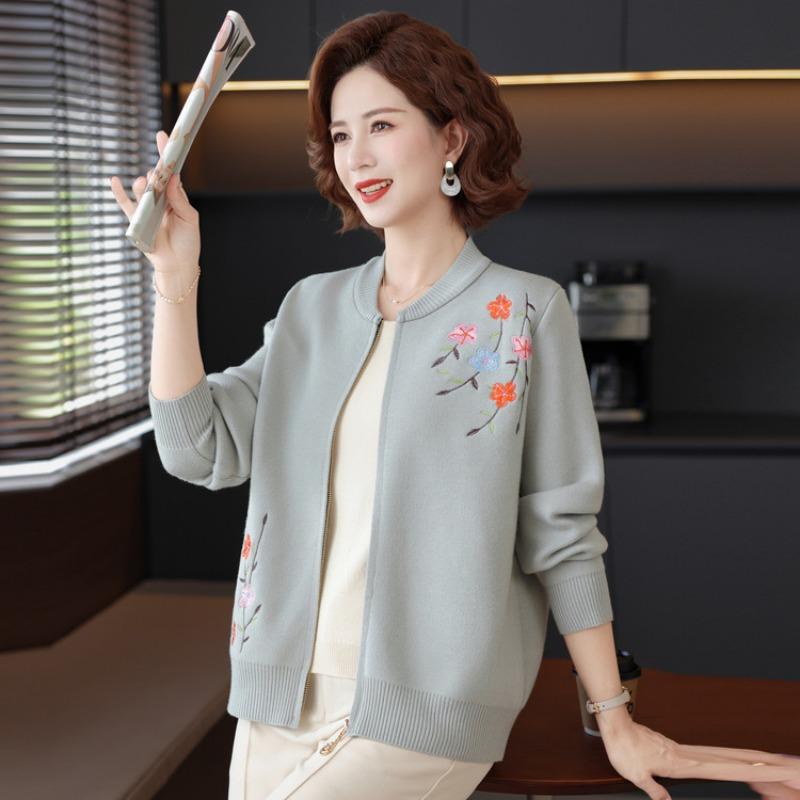 Medium versatile thread coat grandma coat spring and autumn sweater mother small cardigan old man crew neck embroidered knitted sweater