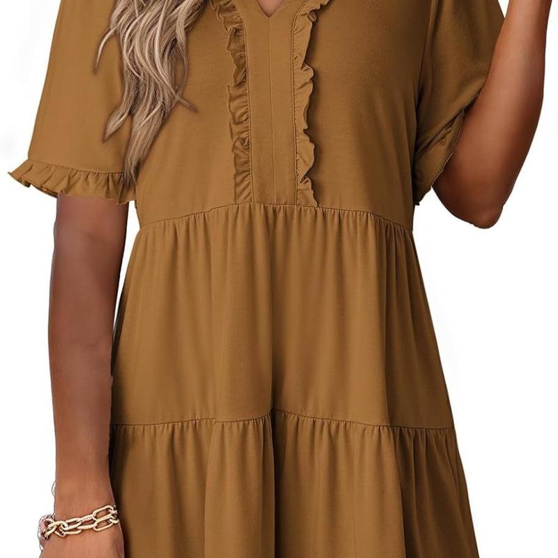 Summer European Style Women Clothing V-Neck Ruffle Short Sleeve A Maxi Dress Solid Color M