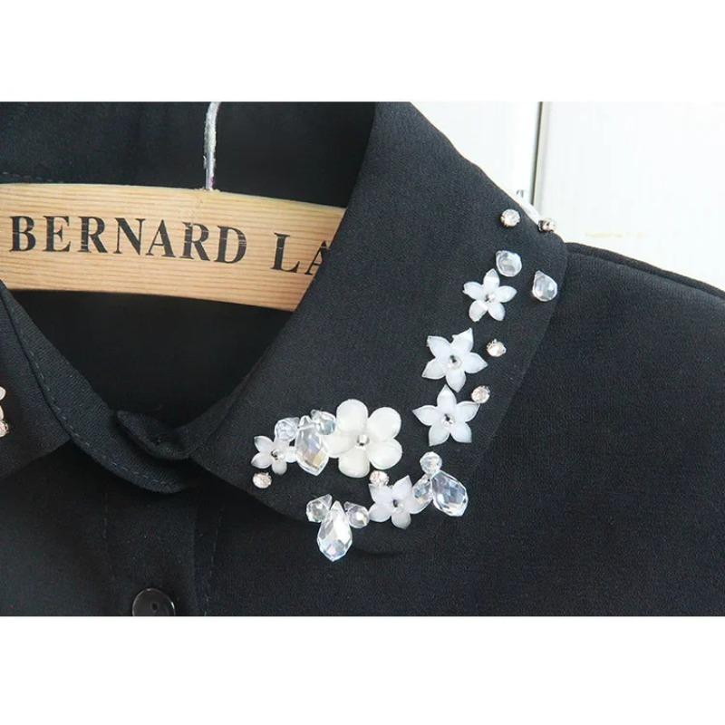 Fashion Korean Chiffon Silver Beaded Fake Collars Women Removalbe False Collar Blouse Female Detachable Collars