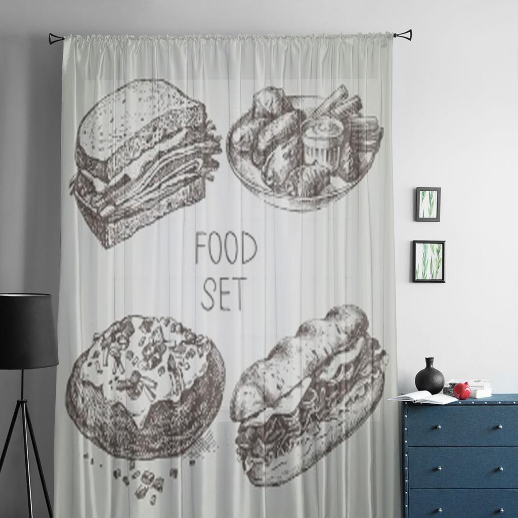 Food Sketch Set Tulle Curtains For Living Room Sheer Curtain Bedroom Veil Organza Decorative Window Treatments