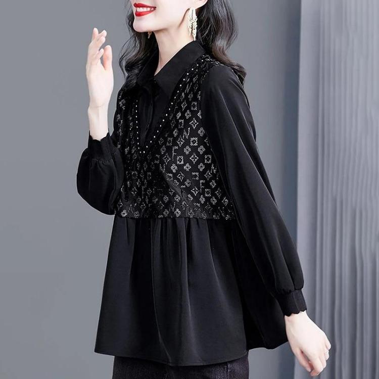Women Plus Size 4XL Long Sleeve Tops Comfortable Splicing Shirt Autumn Black Female Tops