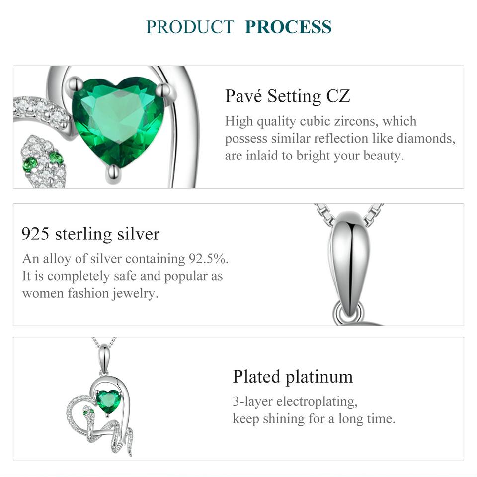 BAMOER 925 Sterling Silver Delicate Green Zircon Heart Pendant Necklace Snake Intertwine Love Neck Chain for Women Fine Jewelry