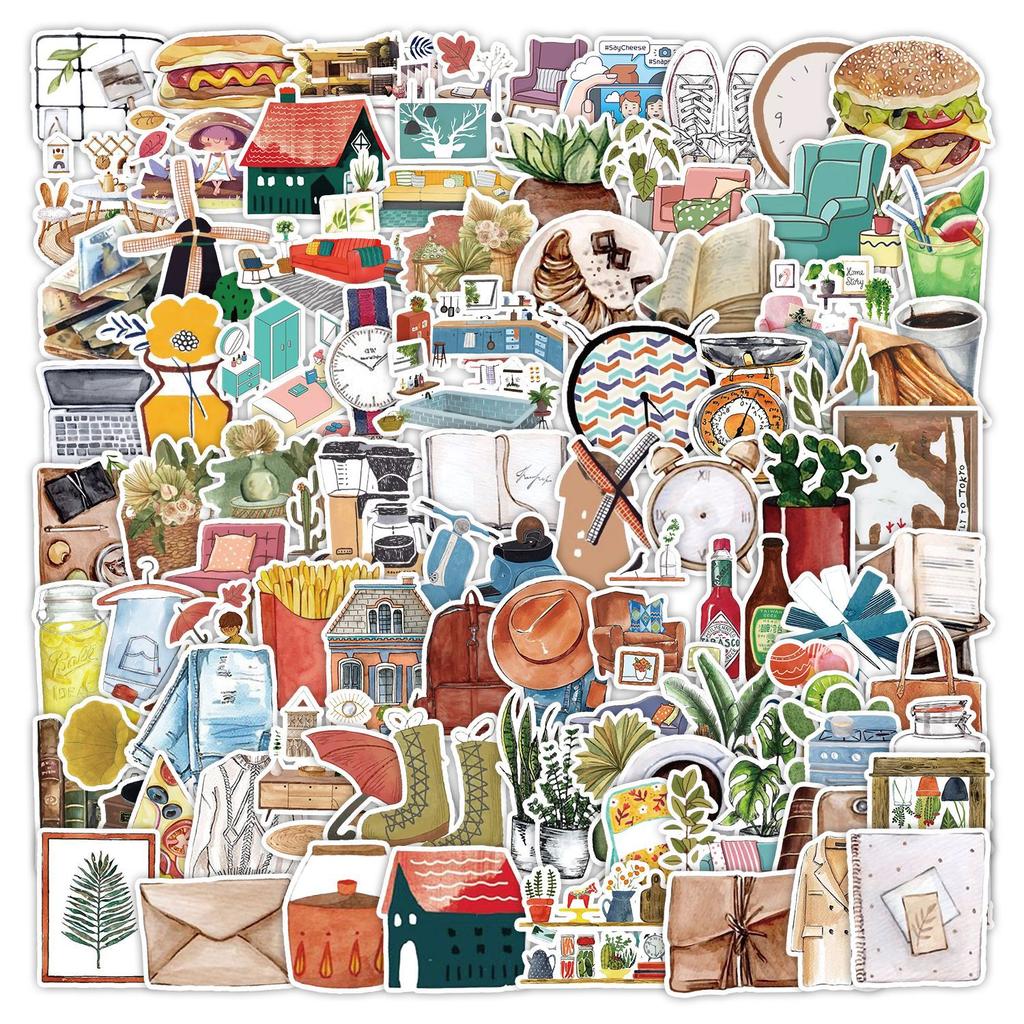 100 Watercolor Retro Small Items Stickers Skateboard Suitcase Water Cup Decorative Stickers Waterproof Creative Stationery Stickers