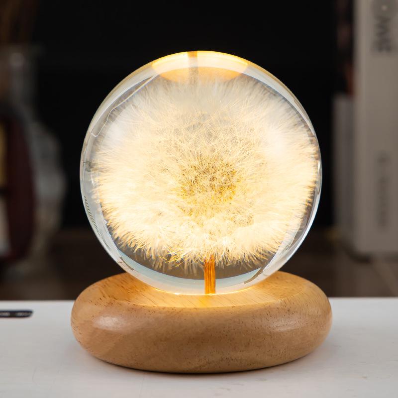 Dandelion Crystal Ball Night Light with Preserved Flower