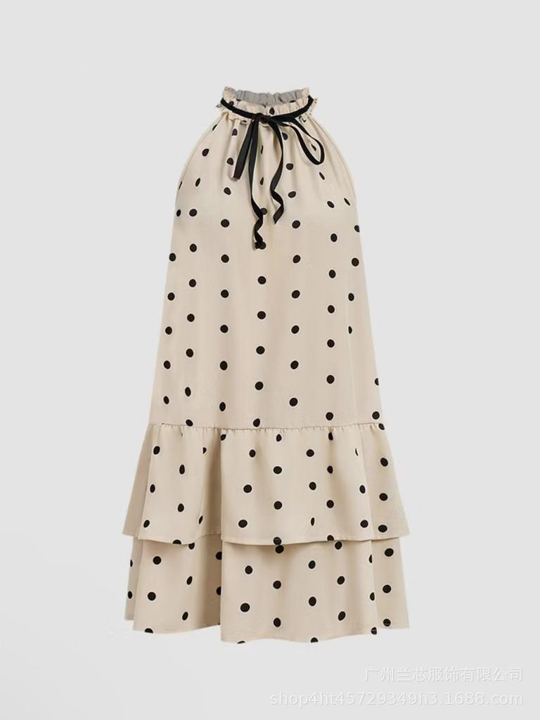 Lace-up Polka Dot Sleeveless Dress, Loose Straight Ruffle Edge Cake Skirt, Temperament Commuter Suspender Skirt