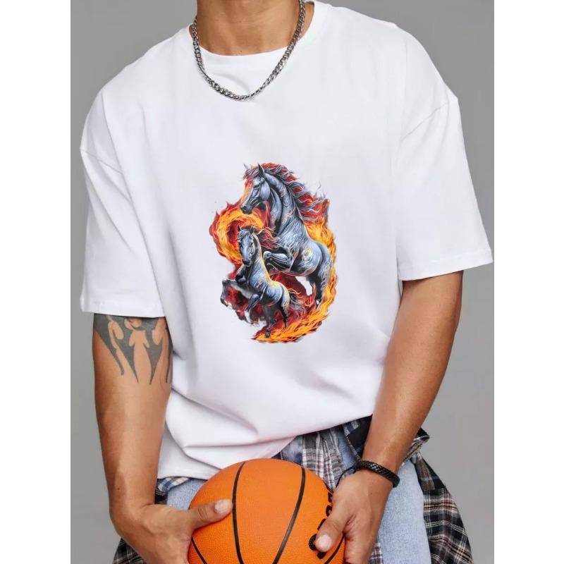 Белая футболка с дизайном лошади и огня для повседневной носки S