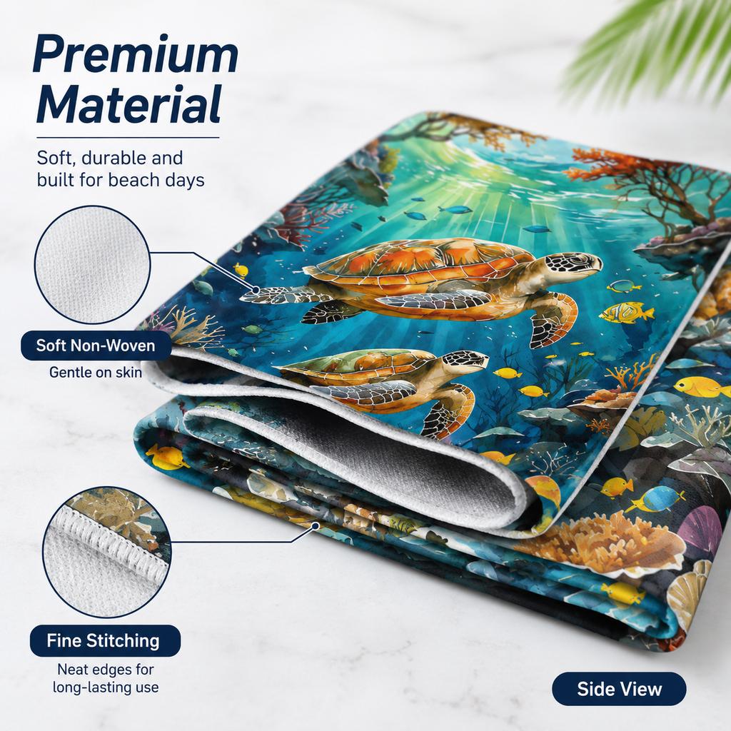Sea Turtle Beach Towel Flat Print Colorful Ocean Life Coral Reef Bath Towel for Outdoor Travel Pool Picnic Blanket