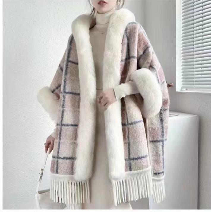 Women's Autumn/Winter Hooded Cape with Chinese Frog Button and Rabbit Fur Shawl, Plus Velvet Woolen Coat.