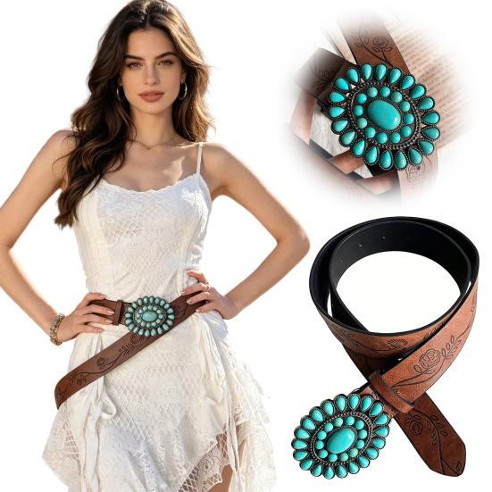 Western Belt with Retro Turquoise Buckle Retro Flower Pattern Faux Leather Women Cool Belt