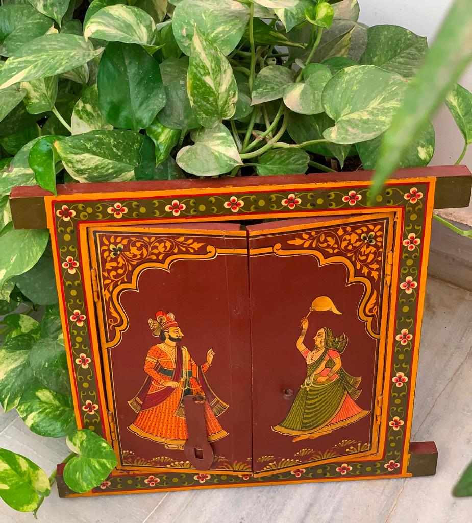 Antique Painted Indian Jharokha Window: Royal King Wall Hanging