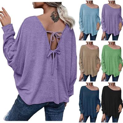 Moda feminina casual nova cor sólida solta corda de volta fora do ombro camiseta topo