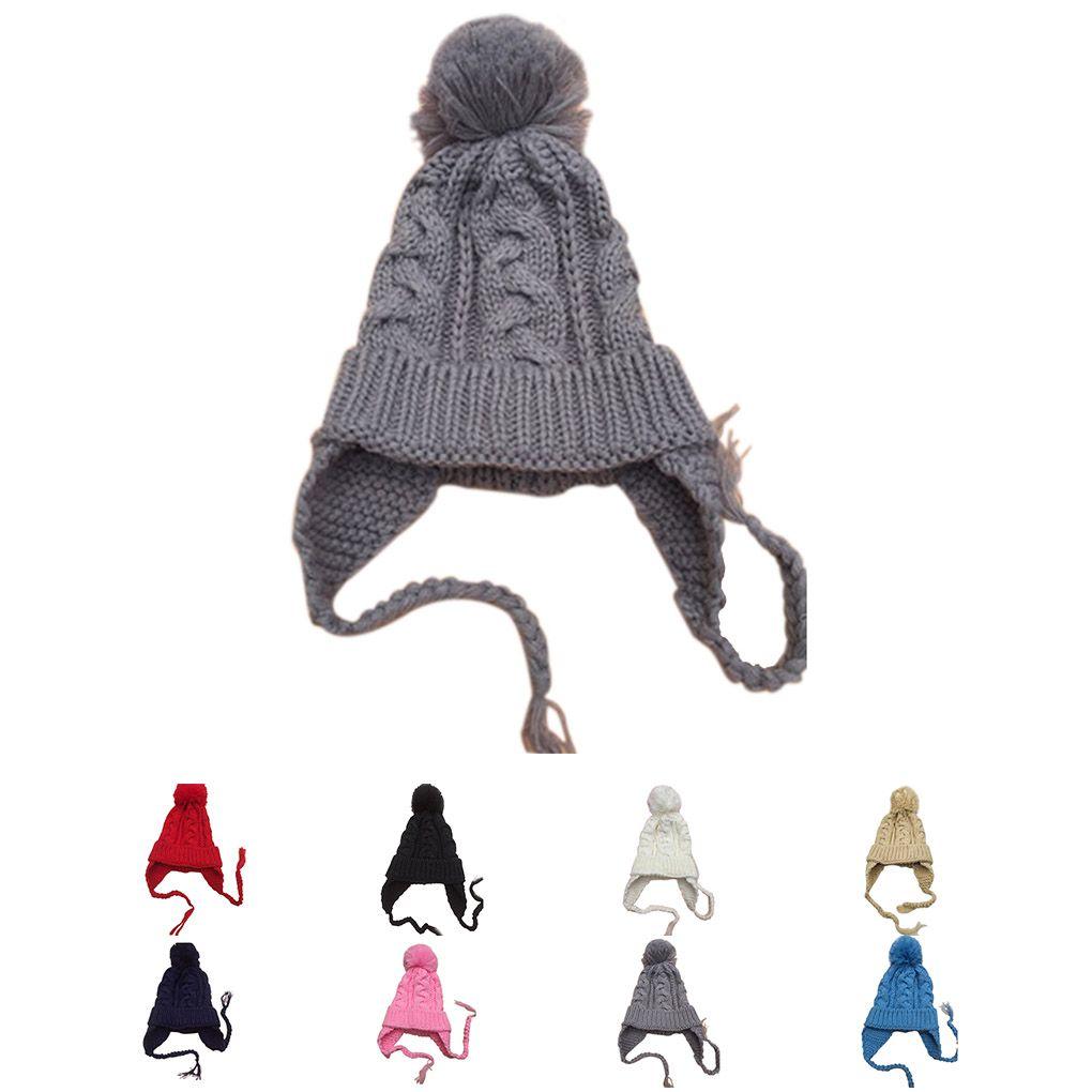 Kids Children Knit Hat Solid Color Ear Flaps Cap Boy Girl Warm Beanie Bonnet
