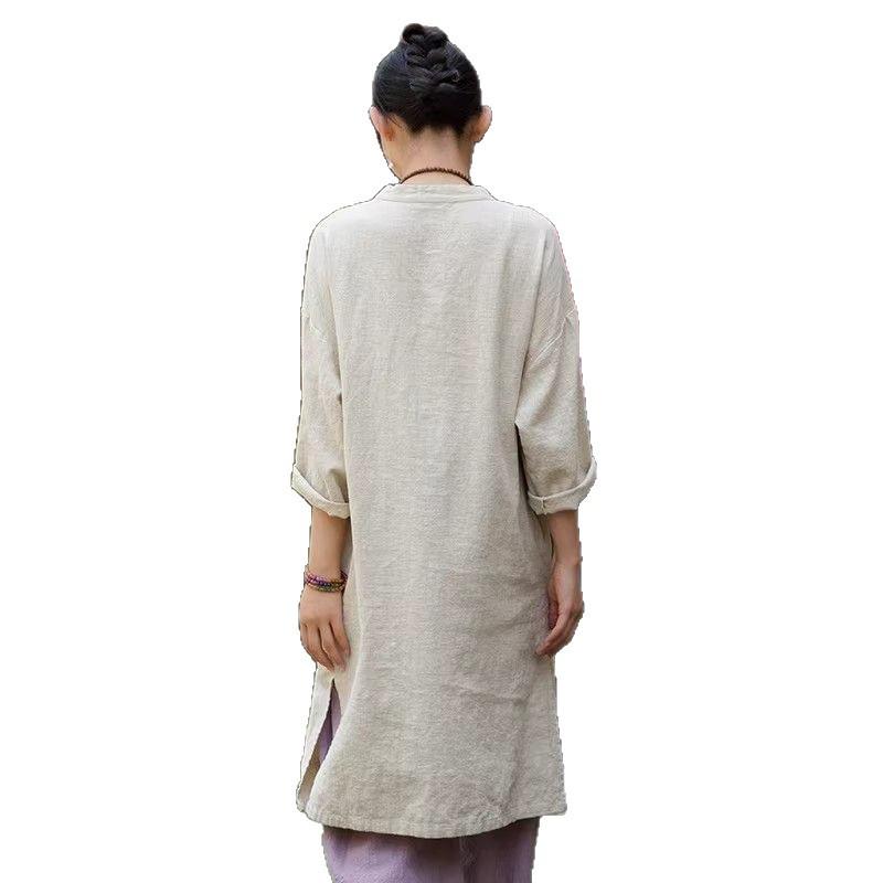 Vintage-Inspired Cotton Linen Qipao: Frog Button Women's Long Shirt